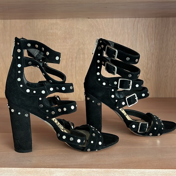 Sam Edelman Black Buckle Heels w/ Silver Studs and Zip-up Back - Picture 4 of 9